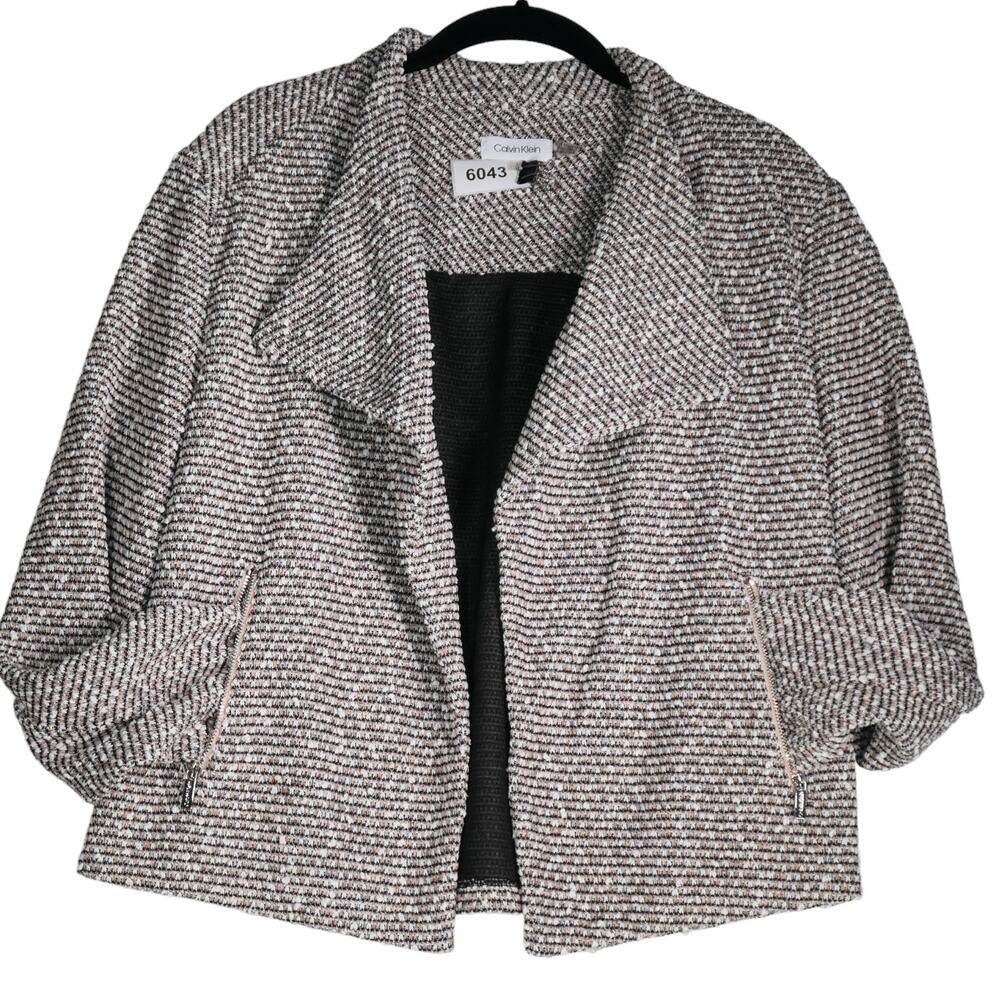 Calvin Klein Knit Blazer Womens Size L Black White Brown Open Crop Moto Jacket